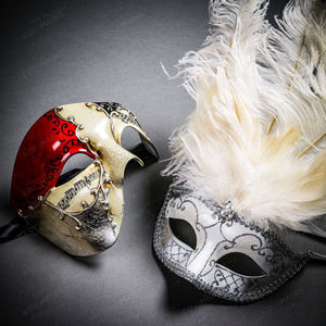 Phantom Musical Red Gold & Venetian Silver Mardi Gras White Feather Couple Masks